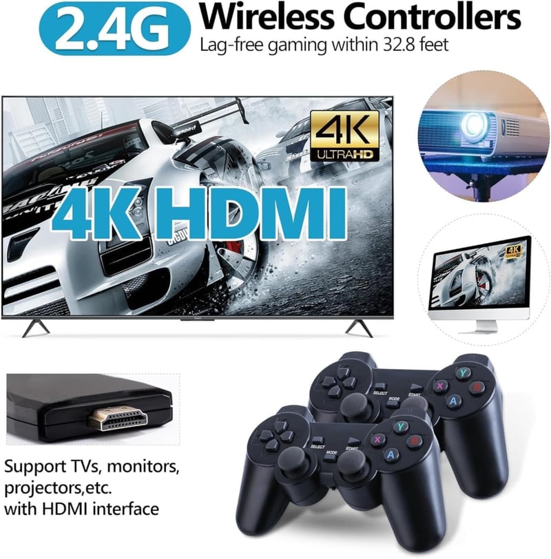 Retro Game Console 4K HD Játékkonzol 20000+ Beépített Játékkal, 2.4GHz Vezeték Nélküli Kontrollerrel, 9 Klasszikus Emulátorral, TV Csatlakoz