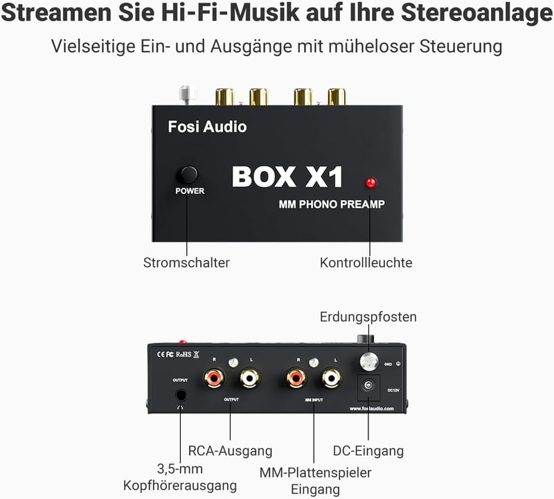 Fosi Audio Box X1 MM lemezjátszó előerősítő, fejhallgató és RCA kimenettel