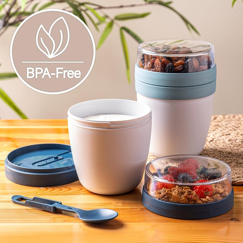 Crystalia Overnight Oats Tároló Szett - 2 db Kék Müzlis Pohár Kanállal, BPA-mentes, Légmentes, Hordozható Joghurt és Chia Puding Tárolóedény