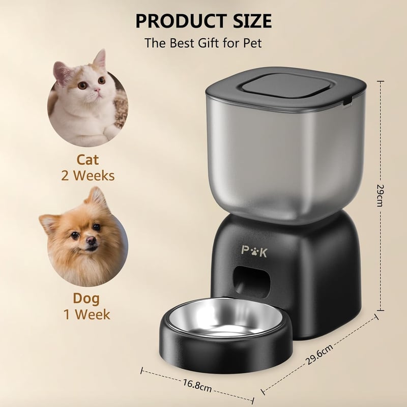 PUPPY KITTY Automata Macska Etető WiFi Applikációval, Rozsdamentes Acél Tállal, 10 Étkezés Naponta, Hangrögzítés, Dupla Tápellátás, 3L Kapac - Black