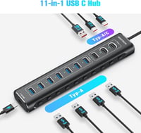 RSHTECH 11-Portos USB C 3.2 Hub Aktív Tápellátással - 60W, 10Gbps Adatátvitel, 3 USB-C és 8 USB-A Port, Alumínium, Fekete - A11PD 2
