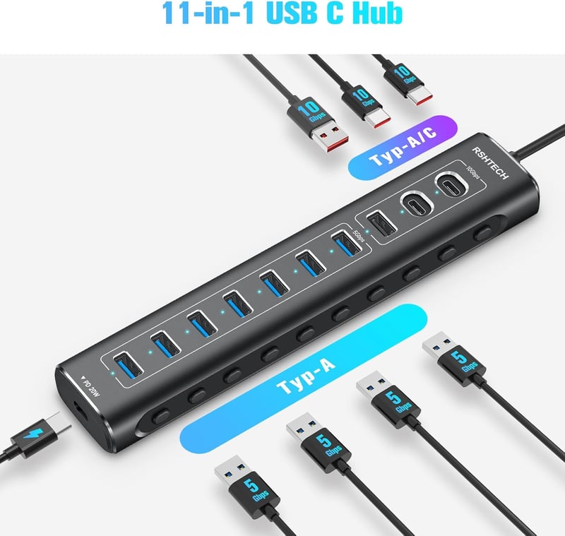 RSHTECH 11-Portos USB C 3.2 Hub Aktív Tápellátással - 60W, 10Gbps Adatátvitel, 3 USB-C és 8 USB-A Port, Alumínium, Fekete - A11PD