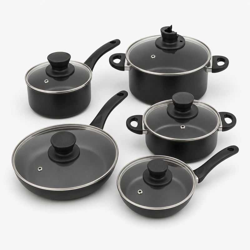 Amazon Basics 8 részes kerámia tapadásmentes edénykészlet fekete, fedőkkel — Az egyik fedél fogója le van törve (Outlet termék)