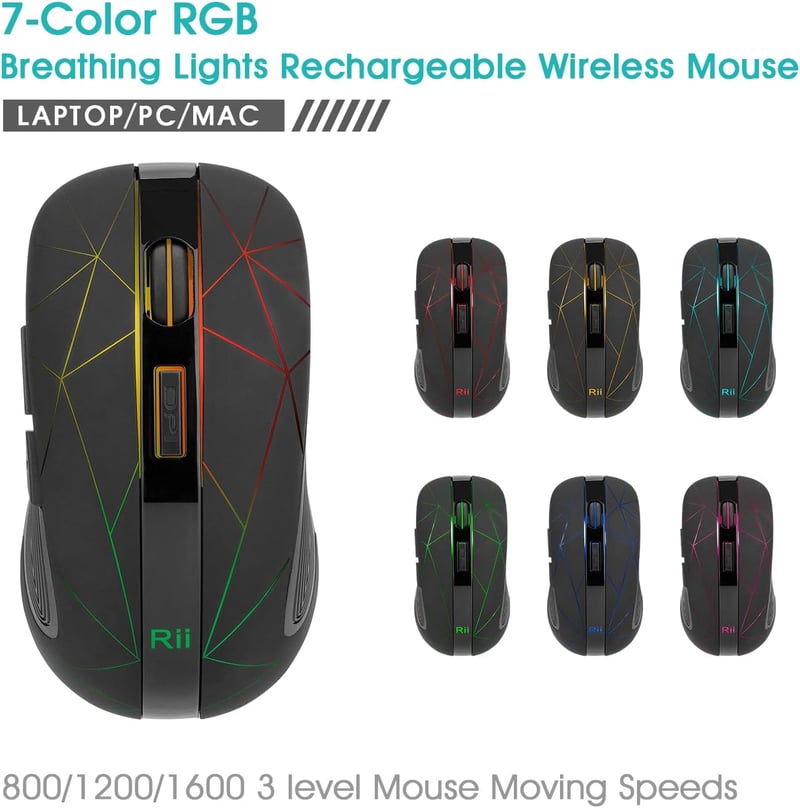 Rii Vezeték Nélküli Egér 2.4G USB Nano Vevővel, 7 LED Világítással, Optikai Szenzorral PC/Laptop/Mac/Linux Rendszerekhez, Fekete