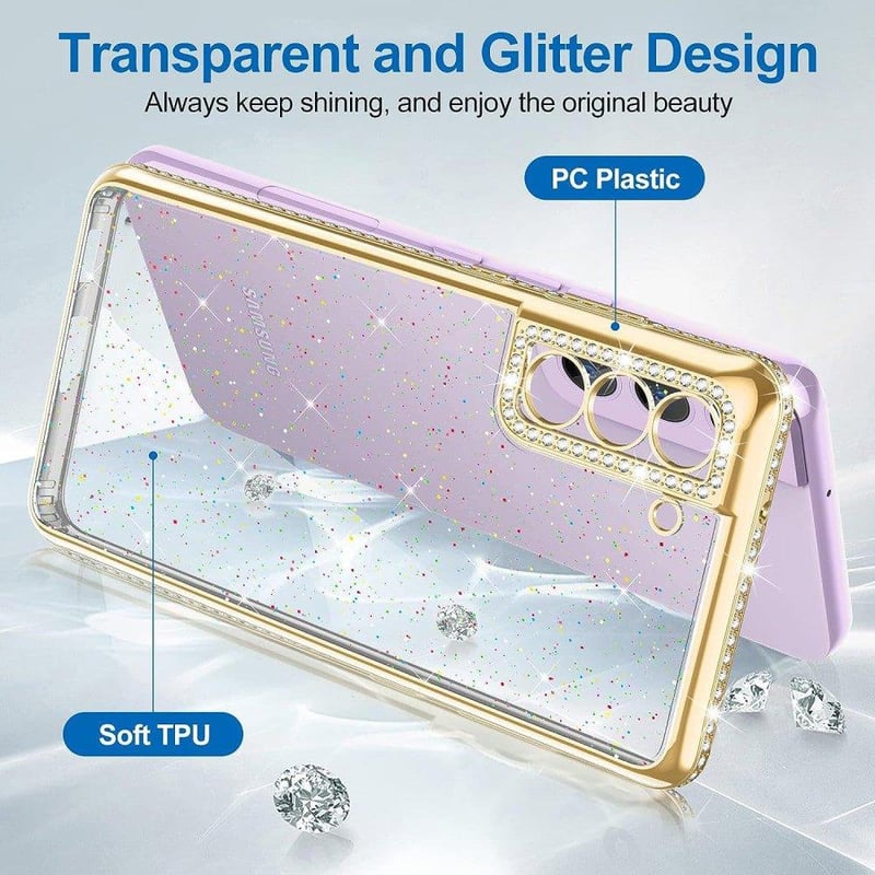 Samsung Galaxy S21 FE átlátszó-arany csillogó tok zsinórral