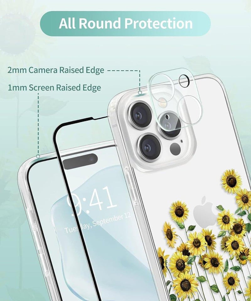iPhone 14 Pro Max Átlátszó Napraforgós Szilikon Tok Fóliákkal