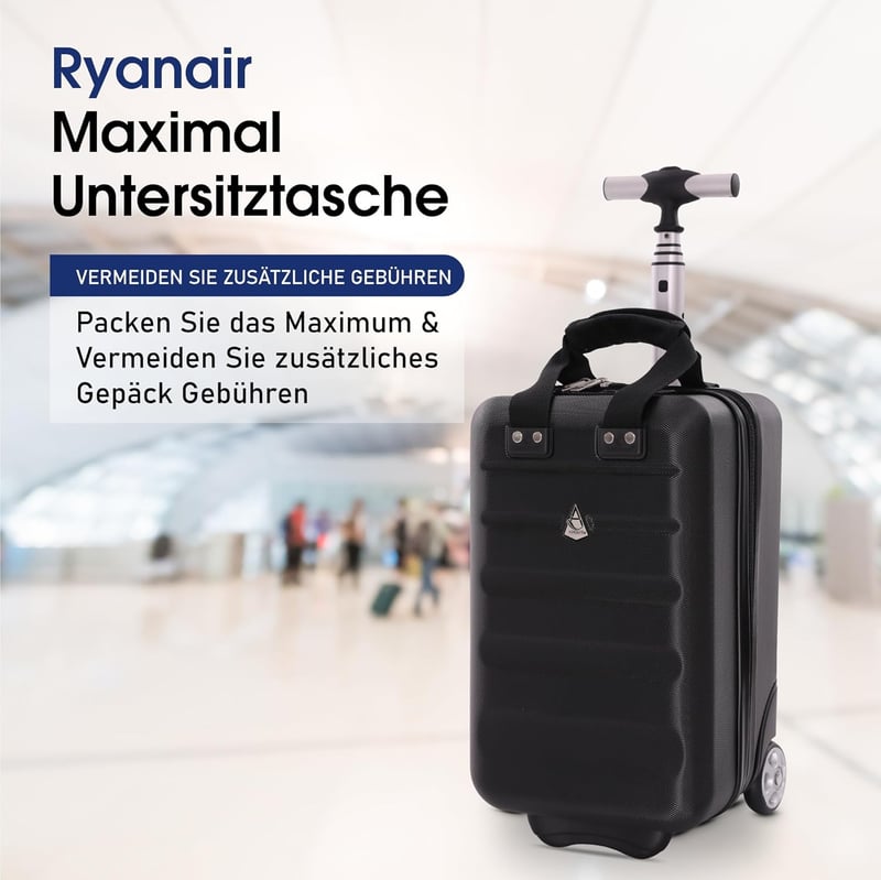 Aerolite Ryanair Priority Kemény Héjú Bőrönd Szett, Könnyű, Környezetbarát, 2 Kerekes Kabinbőrönd, 55x40x20cm + 40x20x25cm, Fekete - Black