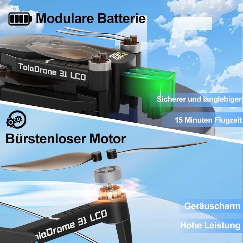Toladrone TD31LCD Drón Beépített LCD Kijelzős Távirányítóval, Kamerával, Kefenélküli Motorokkal, Valós Idejű FPV Képátvitellel, Összecsukhat