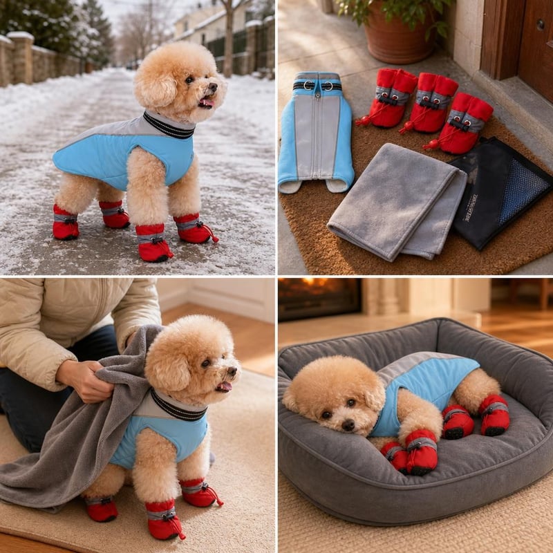 Fagyálló kutyaséta: reflektív fleece kabát + 4 db vízálló cipő + mikroszálas törölköző + memóriahab fekhely