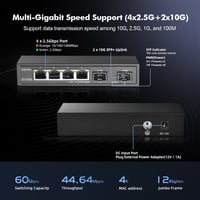 YuLinca 4 portos 2.5G hálózati switch 10G SFP-vel, ventilátor nélküli fém asztali Ethernet switch 3