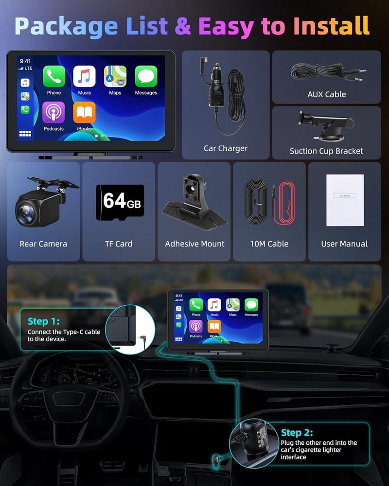 Jansite 4K Apple CarPlay Android Autós Kijelző 9" Vezeték Nélküli, Menetrögzítővel, Tolatókamerával, Bluetooth, Siri, 64GB TF Kártya Támogat