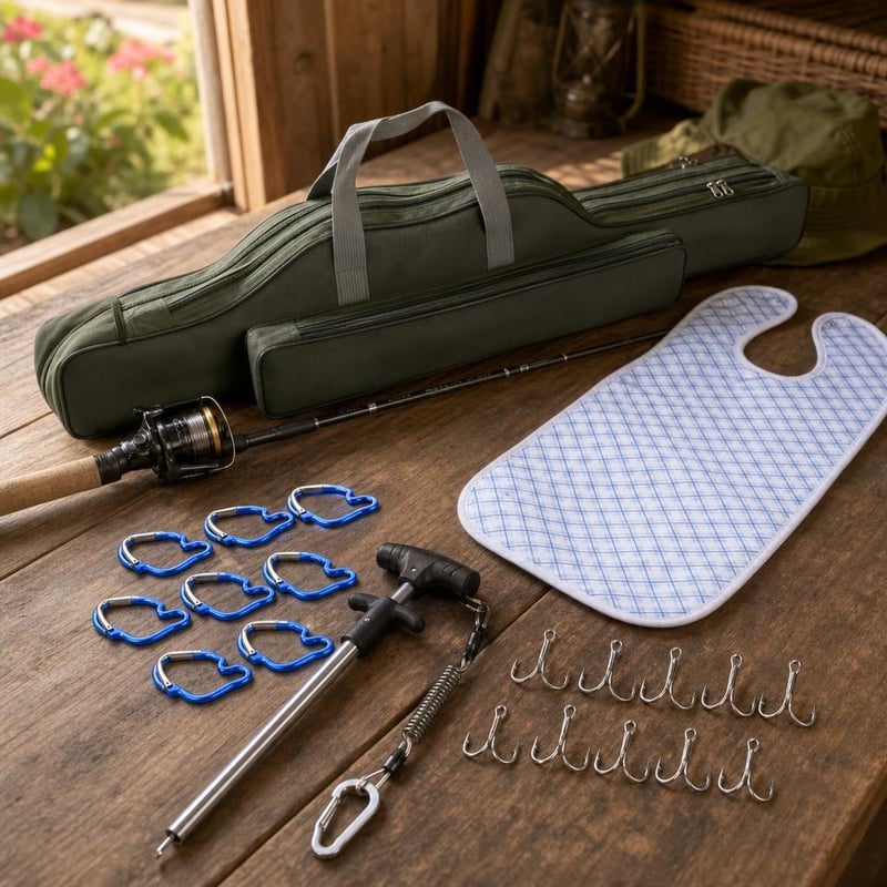 Ribički set: 10x trokuka + dehooker + 40×80 cm torbica + 10x karabiner + 150 cm futrola za štap
