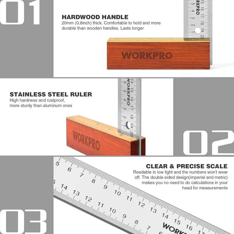 WORKPRO Asztalos Derékszög Készlet - 200mm-es Próbaderékszög és 230mm-es Állítható Szögmérő Keményfa Nyéllel, Rozsdamentes Acél Pengével Bar