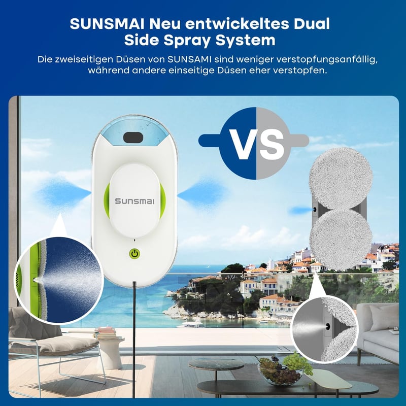 SUNSMAI S60-1A Mini Zöld Ablaktisztító Robot Kettős Permetezővel, 3800Pa Erős Tapadás, Elektromos Automata Ablaktisztító Vízpermetező Funkci