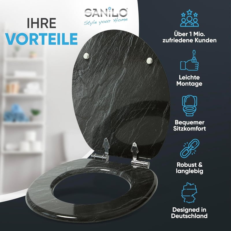 Sanilo Gránit WC Ülőke Ovális Fából - Puha Záródású Mechanizmus, Tartós Zsanérok, Rusztikus Stílus, Egyszerű Szerelés, 2 kg