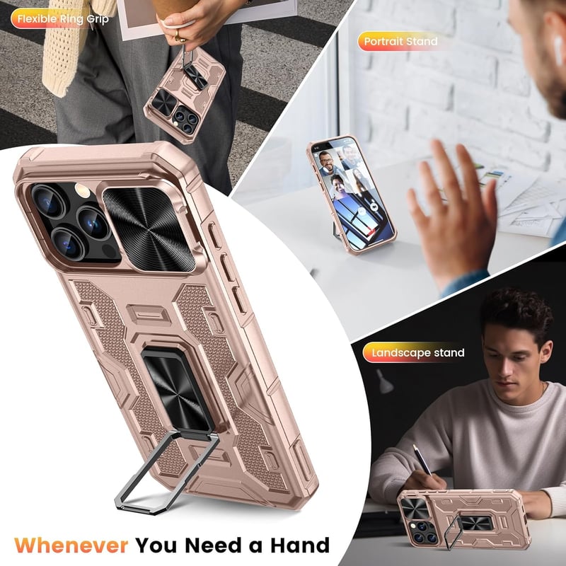 Doeshine iPhone 16 Pro Max Tok, 360° Forgatható Mágneses Gyűrűs Állvánnyal, Katonai Szintű Védelem, Kameracsúszka, 2db Kijelzővédő Fóliával,