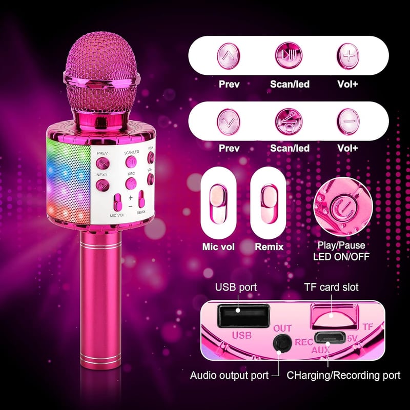 ShinePick 4 az 1-ben Lila Bluetooth Karaoke Mikrofon LED Fénnyel, Gyerekeknek 4-12 Éves Korig