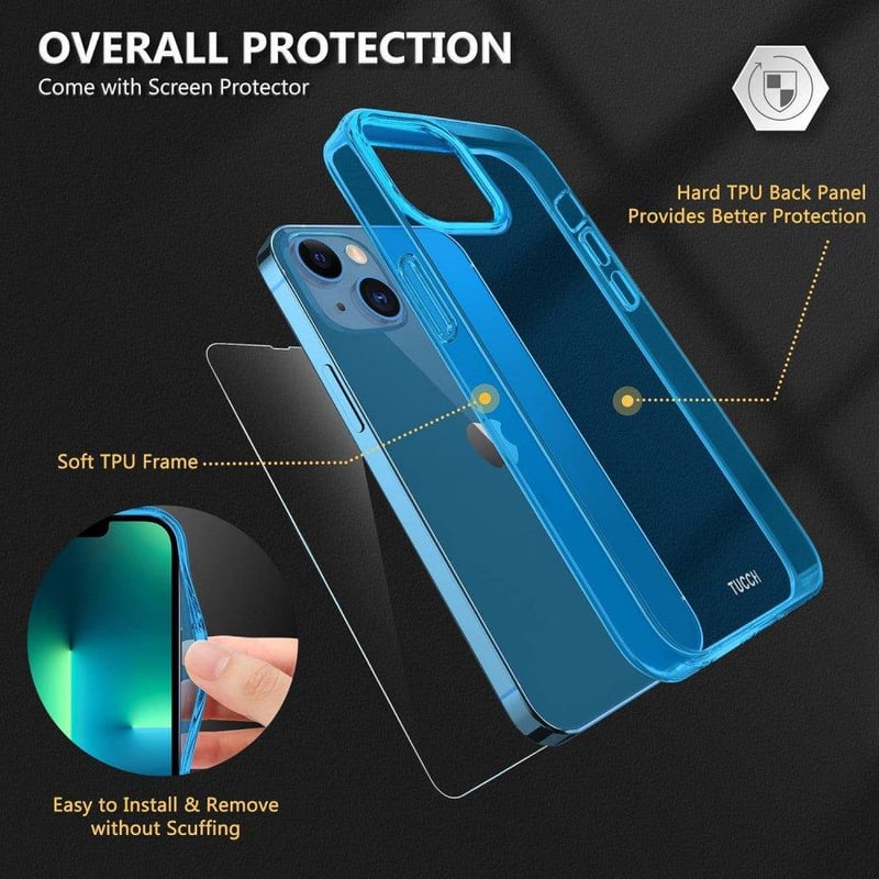Apple iPhone 13 Mini Kék Áttetsző Szilikon Tok Beépített Képernyővédővel