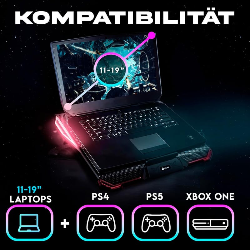 KLIM Cyclone Laptop Hűtő és Állvány - 5 Ventilátoros Hűtőpad Túlmelegedés Ellen - Kompatibilis PC, PS4, Xbox One Készülékekkel - Piros - red