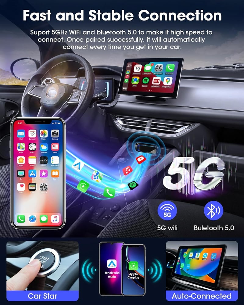 Jansite 2-in-1 Vezeték Nélküli CarPlay és Android Autó Adapter, 5GHz WiFi, USB-C, RGB, Gyors Átvitel, iPhone és Android Kompatibilis