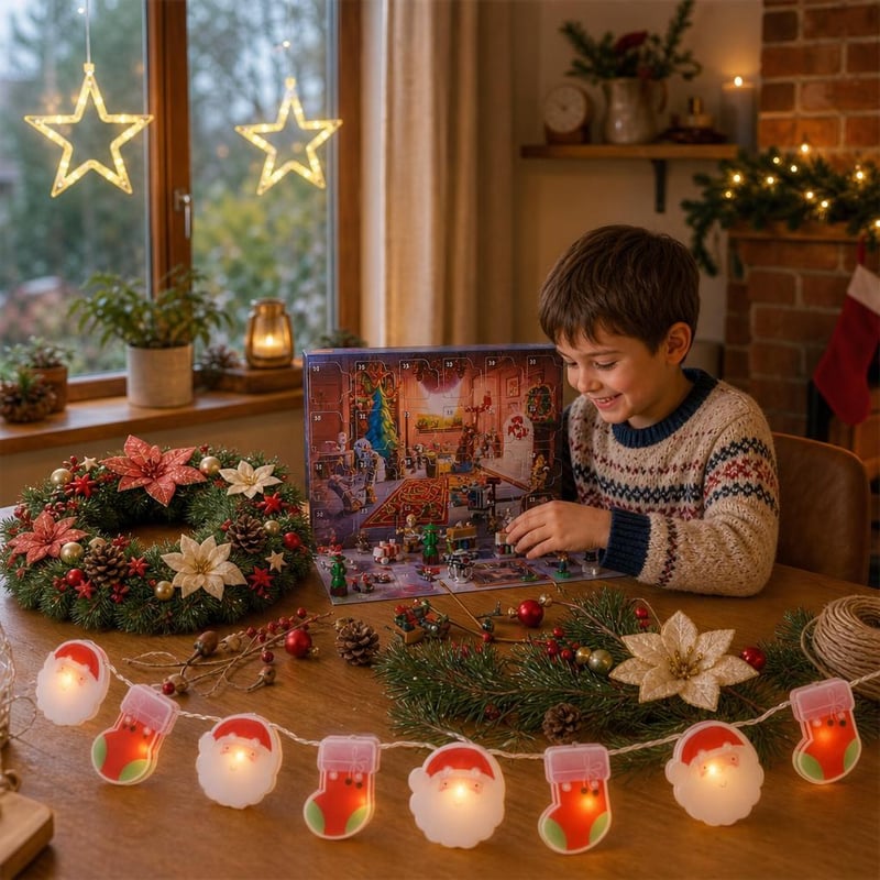 Adventi varázs: 2 db ablakcsillag + 111 db koszorúkészlet + Mikulás LED-füzér + 24 részes Star Wars naptár
