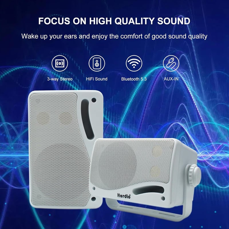 Herdio 3,5" Bluetooth Kültéri Hangszórópár, 200W, 3-Utas, Vízálló, Falra Szerelhető, Hajóra, Teraszra, Kertbe - Fehér