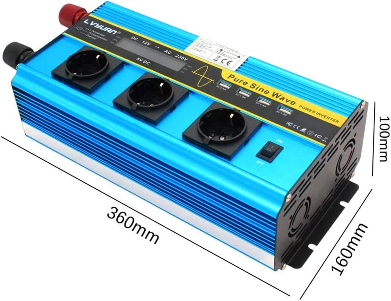 Tiszta szinuszos 3000W/6000W inverter, 12V-230V, 3 EU aljzat, 4 USB, LCD