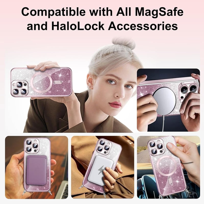 iPhone 14 Pro MagSafe-kompatibilis rózsaarany csillogó átlátszó tok nyakba akasztható lánccal