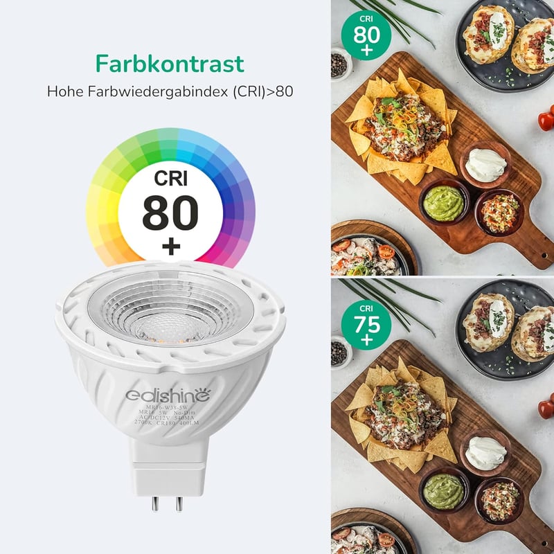 EDISHINE GU5.3 LED Spotlámpa, 12V MR16, 5W (50W helyett), 2700K Meleg Fehér, 400 Lumen, 38° Szórási Szög, Energiatakarékos, 6 darabos csomag