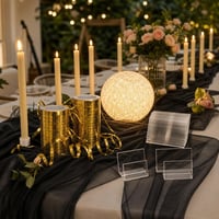 Esküvői fényvarázs: fekete tüll + 24 tekercs aranyszalag + 2 LED gyertya + 10 gyertyatartó + 50 ültetőkártya 1