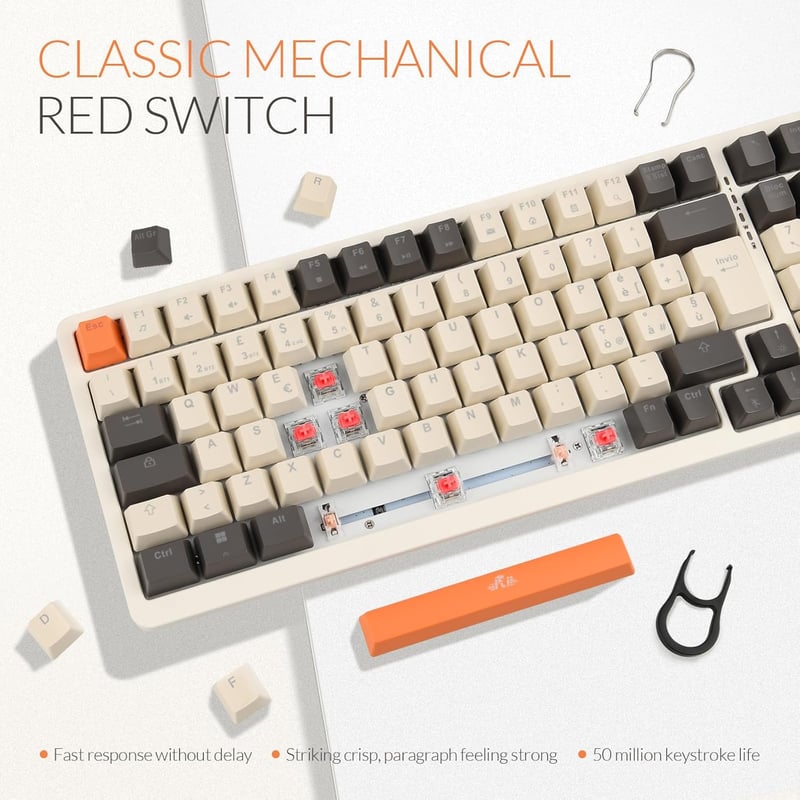 Rii Gaming RK909 Mechanikus Gaming Billentyűzet - Hármas Csatlakozás, RGB Háttérvilágítás, Cserélhető Gombok, Újratölthető Akkumulátor, PC/Lap
