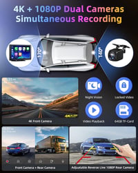 Jansite 4K Apple CarPlay Android Autós Kijelző 9" Vezeték Nélküli, Menetrögzítővel, Tolatókamerával, Bluetooth, Siri, 64GB TF Kártya Támogat 3