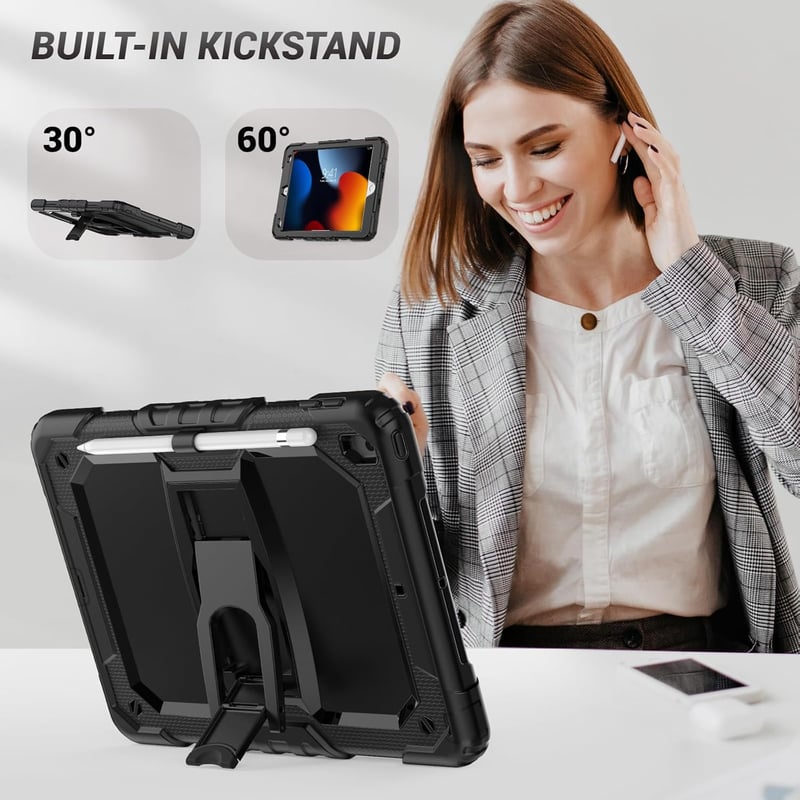 SEYMAC iPad 10,2" ütésálló tok 9./8./7. generációhoz, állvánnyal és ceruzatartóval, fekete