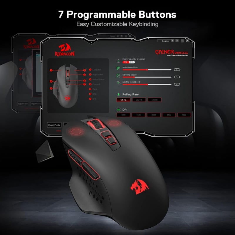 Redragon M656 Gainer vezeték nélküli gamer egér, 4000 DPI, 7 makrógomb, piros LED