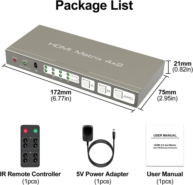 HDMI Matrix Switch 4K 60Hz - 4 be 2 ki elosztó, optikai és AUX hangkimenettel, HDR10 támogatással