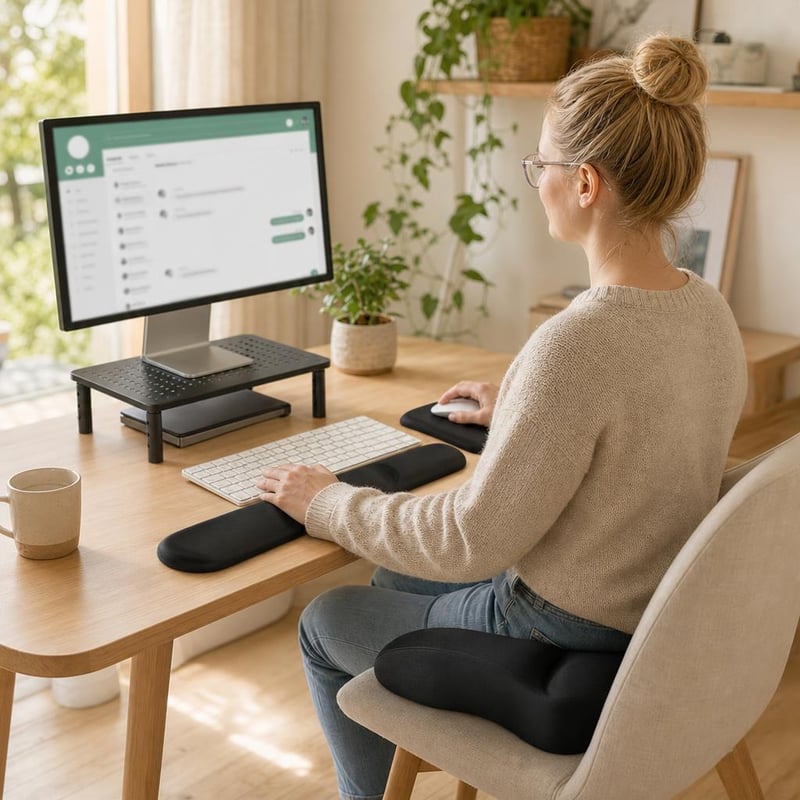 Ergonomický kancelársky set: 1x gélová podložka + 1x stojan na monitor + 1x ortopedický vankúš
