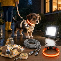 Set plimbare sigură: Ham S + lesă + zgardă LED USB + proiector LED exterior + cablu Micro USB 9m 1
