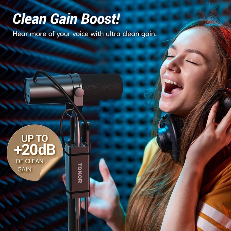 TONOR TA20 XLR Mikrofon Előerősítő - Dinamikus Mikrofonokhoz, 20dB Erősítés, SM7B Kompatibilis, Fém Ház, Podcast és Streaming Felvételekhez