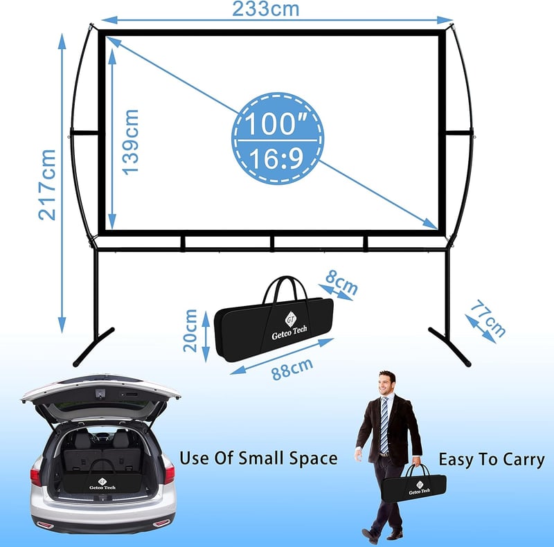 Mobil vetítővászon 150" (339x270 cm) – 16:9 házimozi és kültéri projektor vászon, könnyű összeszerelés
