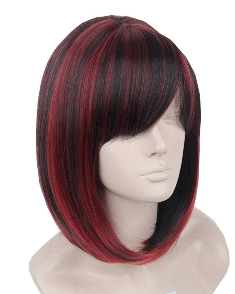 Topcosplay Rövid Bob Paróka Nőknek - Fekete-Piros Hőálló Műhaj 30 cm - Állítható Méretű Egyenes Cosplay Paróka