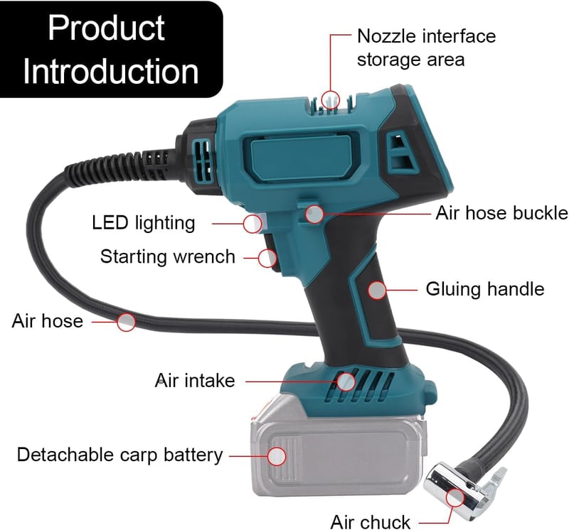 DriSubt Akkumulátoros Kompresszor Makita kompatibilis  18V - 130 PSI Elektromos Pumpa Digitális Kijelzővel, LED Világítással