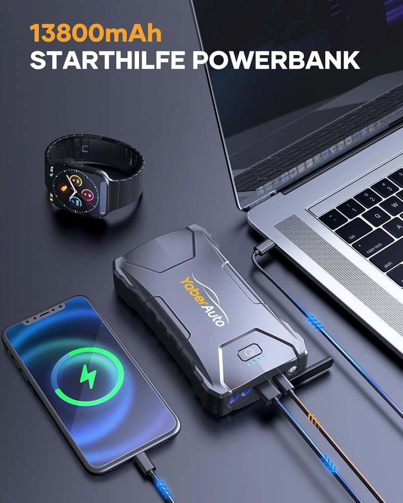 Yaber 2000A Autós Indításrásegítő Powerbank 7L Benzin/5,5L Dízel Motorokhoz, LED Lámpával