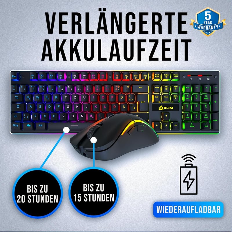 KLIM Thunder Vezeték Nélküli Gamer Billentyűzet és Egér Szett - RGB Háttérvilágítás, 4800 DPI, Beépített Akkumulátor, PC/PS4/PS5 Kompatibili