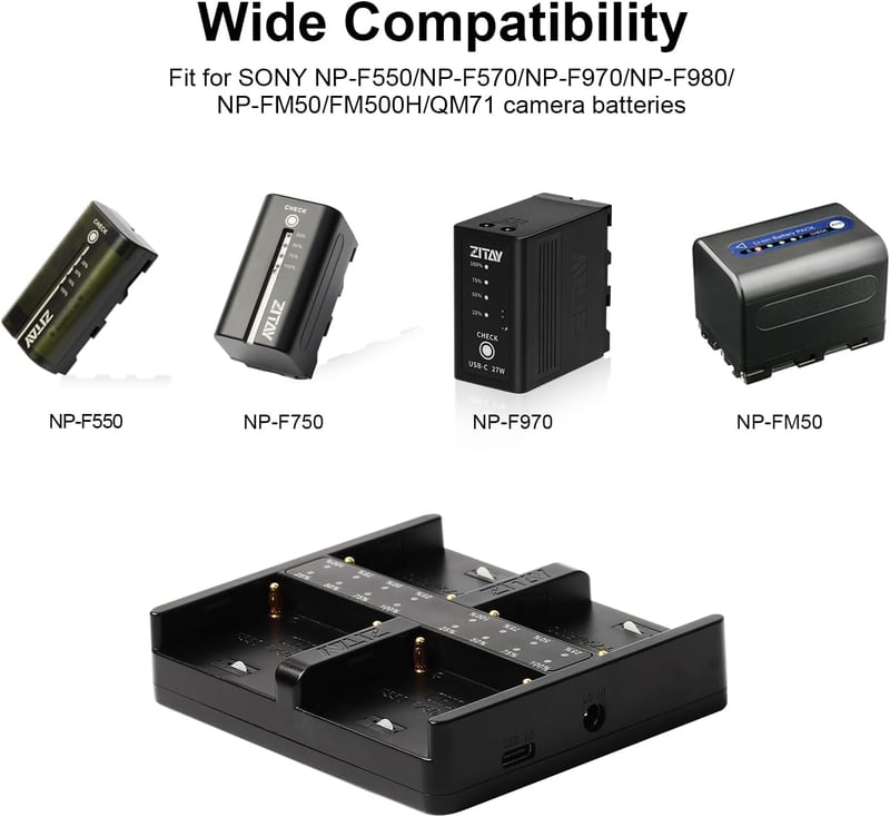 ZITAY 4-csatornás NP-F Akkumulátor Töltő - USB-C PD Gyorstöltés, Sony NP-F550/F750/F770/F970 Kompatibilis, 65W Hálózati Adapterrel