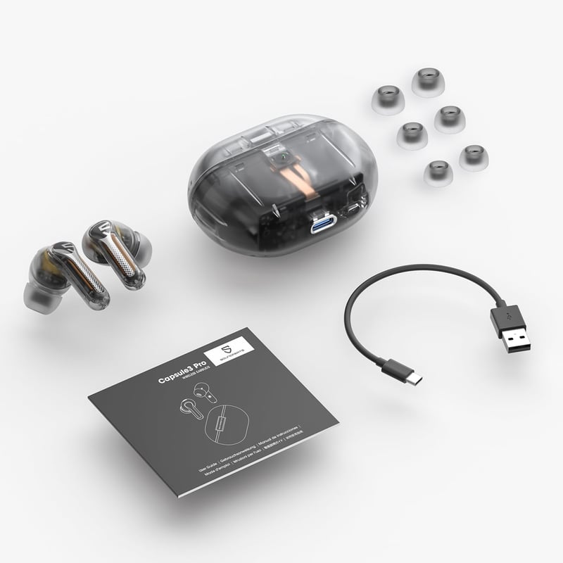 SoundPEATS Capsule3 Pro Hi-Res Bluetooth Fülhallgató, LDAC, Hibrid Aktív Zajszűrés, 6 Mikrofon, 52 Órás Üzemidő, Átlátszó Fekete