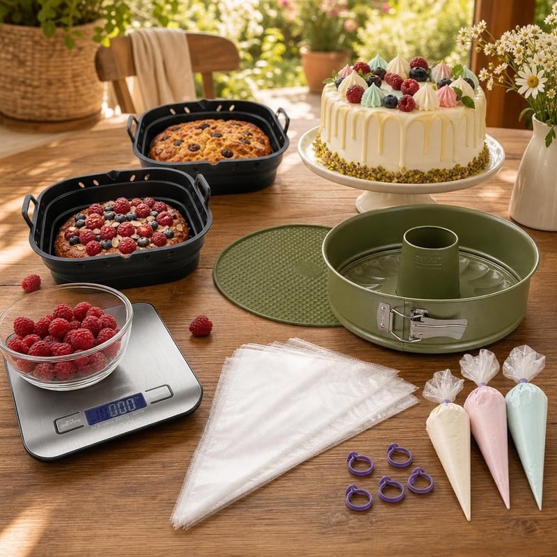 Set za pečenje kolača: 2x silikonski kalup za airfryer + 26 cm kalup + 100x vrećica + digitalna vaga