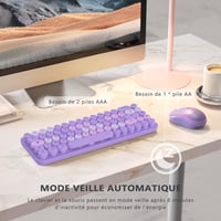 Retro lila AZERTY billentyűzet és egér szett - Vezeték nélküli, kompakt, csendes, USB/Type-C 6