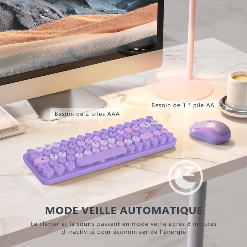 Retro lila AZERTY billentyűzet és egér szett - Vezeték nélküli, kompakt, csendes, USB/Type-C
