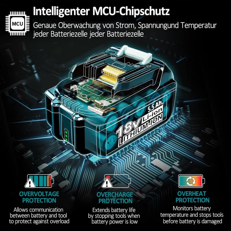 Makita 18V 5.5Ah akkumulátor 2db, LED-es, BL1860B kompatibilis