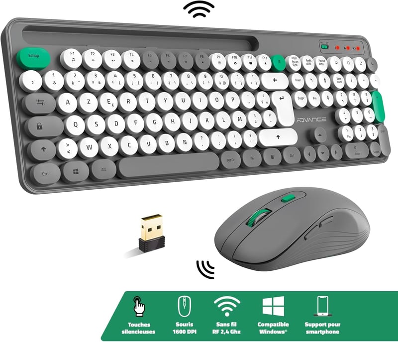 AD ADVANCE PEP'S Vezeték Nélküli Billentyűzet és Egér Szett - Kerek Gombokkal, Csendes Működéssel, 2.4GHz Kapcsolattal, Számgombokkal és Tel